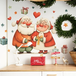 Christmas Santa and Mrs. Claus wall stickers with snowflakes and gift boxes for home decor