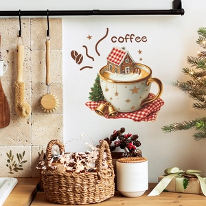 Christmas Coffee Cup Wall Sticker PVC Gingerbread House Tree Pattern Waterproof Decal For Kitchen Restaurant Cafe Home Decor