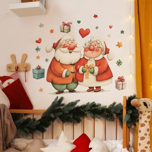 Watercolor Santa couple wall stickers set with gifts and stars for Christmas home decor