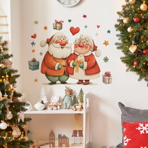 Cartoon Santa Claus couple Christmas wall stickers for festive home wall decoration