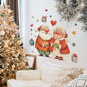 Christmas Santa Claus Mrs Claus Wall Stickers PVC Hand-Painted Festive Home Decor Removable Cartoon DIY Wall Decal For Bedroom