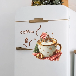 Christmas coffee cup wall sticker featuring a gingerbread house and stars on a white fridge
