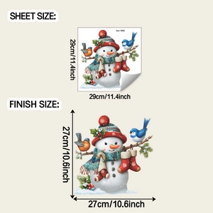 Detail view showing cartoon snowman wall sticker dimensions and decorative festive patterns