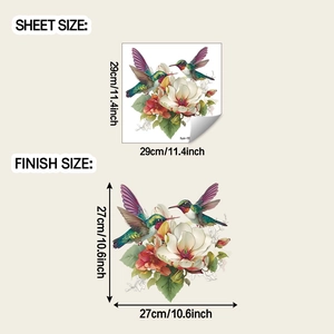 Detail view of watercolor hummingbird wall decal showing sheet size and finish dimensions