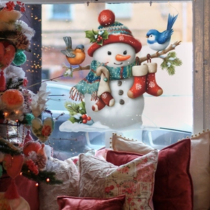 Christmas snowman window sticker with colorful birds and socks for festive home decoration
