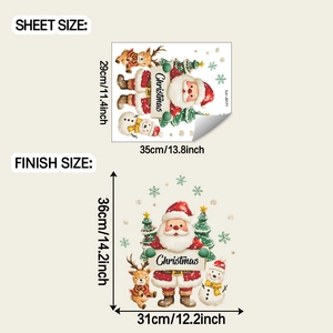 Detail of Christmas window stickers showing sheet size and finish size with Santa and reindeer