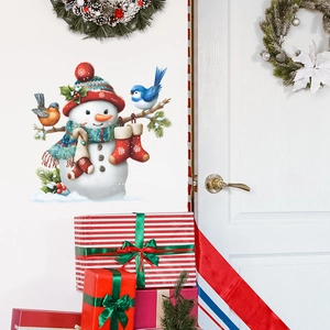 Christmas snowman wall sticker with birds and stockings for festive home decoration