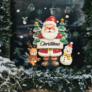 Watercolor Christmas window clings featuring Santa, reindeer, and snowman for glass decor