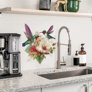 Vibrant watercolor hummingbird and floral wall stickers for kitchen background decoration