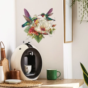 Vibrant watercolor hummingbird and floral wall decal for modern kitchen and living room decor