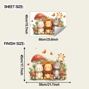 Cartoon animal wall decal sheet and finish size display for nursery room decoration
