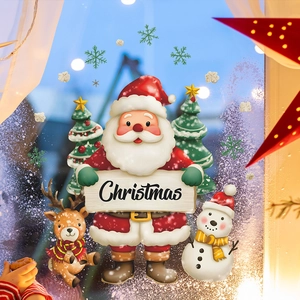 Cartoon Christmas Santa Claus Reindeer Snowman Static Cling Window Stickers PVC Waterproof Holiday Glass Door Decor Decals