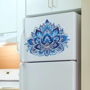 Blue mandala wall sticker applied to a modern white refrigerator in a bright kitchen