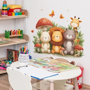 Watercolor cartoon animal wall stickers featuring a lion, bear, and giraffe for nursery decor