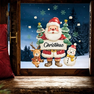 Watercolor Christmas window clings featuring Santa, reindeer and snowman on glass