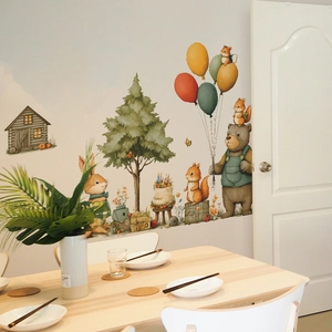 Watercolor cartoon forest animals wall stickers with bear squirrel rabbit and house