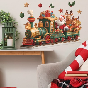 Petit Train de Noël Père Noël Renne Sticker Mural PVC Dessin Animé Effet Visuel 3D Décalcomanies pour Décoration Maison Fête