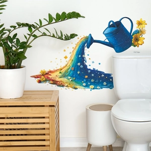 Creative floral watering can wall sticker with colorful flowers for home decoration