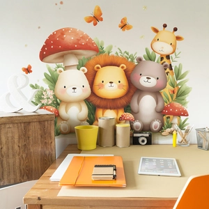 Cartoon animal wall stickers featuring lion, giraffe, and bear for kids room decor