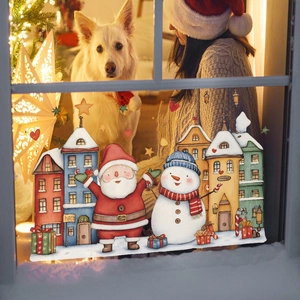 Christmas town window stickers featuring Santa Claus and snowman for festive home decor