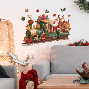 Stickers muraux 3D petit train de Noël avec Père Noël et renne pour décor de fête