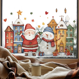 Cartoon PVC Christmas Town Wall Sticker Santa Claus Snowman Window Decals For Home Living Room Bedroom Festive Decoration