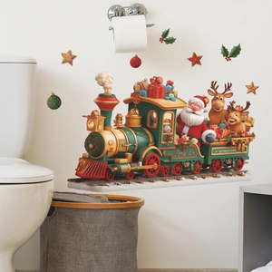 Stickers muraux 3D train de Noël avec Père Noël et renne pour décoration festive de maison