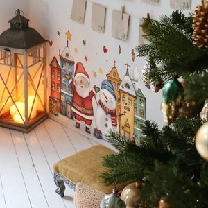 Christmas town wall stickers with Santa, snowman and houses for festive home decoration
