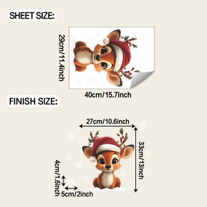 Detailed sheet and finish size comparison for cute deer and snowflake Christmas window stickers