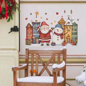 Christmas town wall decals featuring Santa, snowman and colorful houses for home decoration