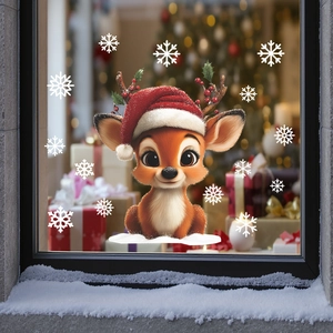 Cartoon reindeer and snowflakes static window decals for Christmas glass decoration