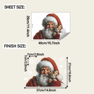 Size guide for Christmas Santa and cat window stickers with sheet and finish dimensions
