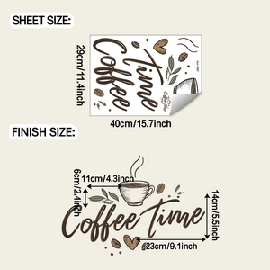 Detailed sheet and finish size dimensions for coffee time themed wall art stickers