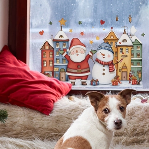 Christmas town window stickers featuring Santa, snowman, and colorful houses decor