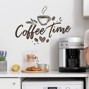 Artistic Coffee Time wall decals featuring hand-drawn cups and beans in a modern kitchen