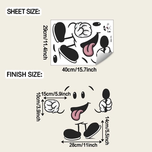 Detailed sheet and finish size dimensions for cartoon character kitchen wall stickers