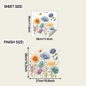 Detailed sheet size and finish size guide for floral and butterfly wall decals