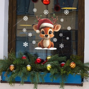 Cute Christmas cartoon deer and white snowflakes static window clings for home holiday decor