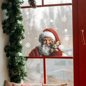 Christmas window sticker featuring Santa Claus holding a cat with white snowflakes decoration