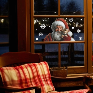 Christmas window decals with Santa Claus holding a cat and white snowflakes for home decor