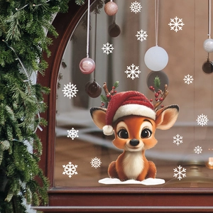 Cartoon reindeer with red Christmas hat and snowflakes window static sticker decor