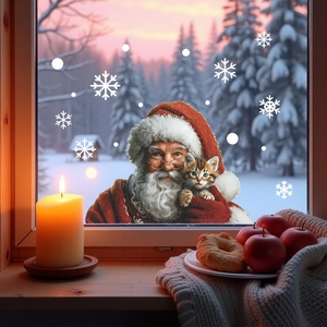 Festive Santa and cat window stickers with snowflakes for Christmas glass decor