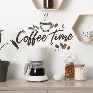 Coffee Time wall decal with hand-drawn coffee cup and beans for kitchen decor