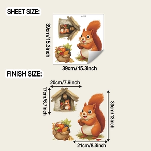Detail sheet showing squirrel harvest wall sticker dimensions 39x39cm and finish sizes