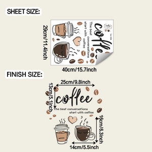 Detail of coffee wall sticker dimensions showing coffee cup and motivational quote