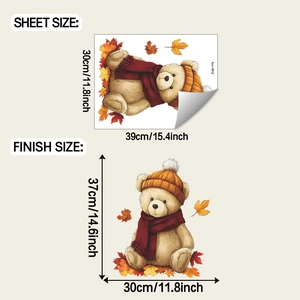Detailed sheet size and wall display layout of cartoon bear with autumn leaves wall sticker