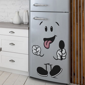 Funny cartoon figure eating sticker for kitchen fridge decoration in black and white
