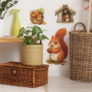 Autumn squirrel wall sticker with pumpkins and harvest basket for home wall decor
