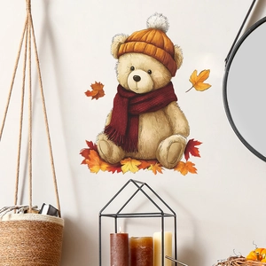 Cartoon Teddy Bear With Red Scarf And Maple Leaves Removable PVC Wall Sticker For Kids Bedroom Autumn Home Decoration
