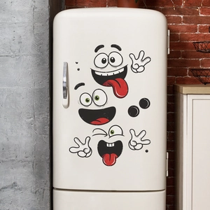Funny cartoon face stickers for kitchen fridge decor with smiles and playful hand gestures